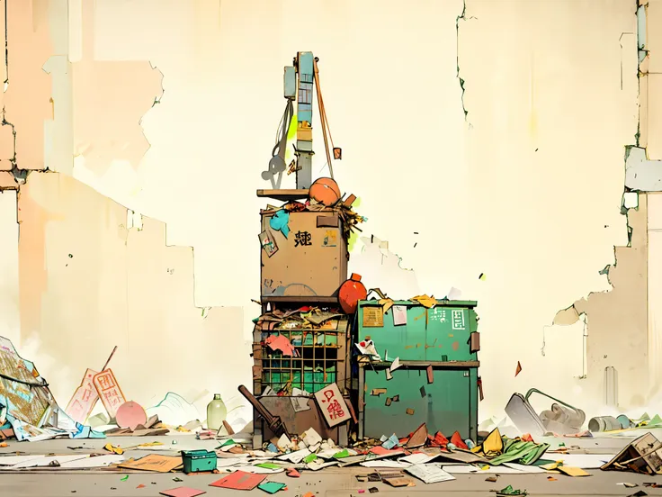 classical photography craftsmanship,有一张起重机在一堆rubbish顶上的照片, inspired by zhang kechun, rubbish, mixed media, set photo, archival p...