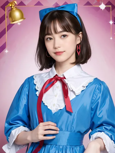 1 (alice in wonderland), (He wears a large triangular ribbon on his head.........), short hair, young woman, gentle smile, colorful clothes
