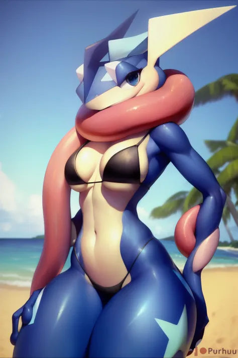 uploaded on e621, explicit content, 3d:0.4, cutesexyrobutts, hioshiru, female, solo, greninja, large tongue, beach setting, (bik...