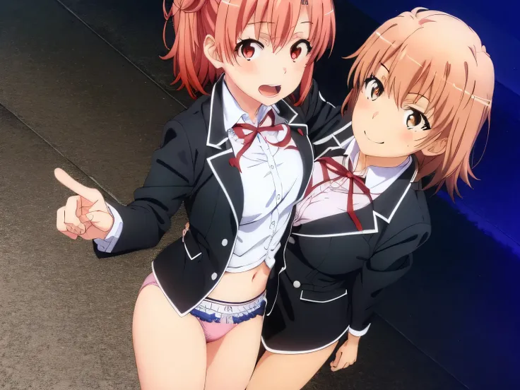 2 girls ,(yuigahama yui&#39;nice big bust), waltz dance ,uniform,black blazer,white shirt,ribbon,light pink panties,thighs,((high angle:1.0)),look here,gaze looking up,I&#39;I&#39;I&#39;I&#39;I&#39;m embarrassed and blush,open mouth smile,beautiful eyes,do...