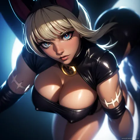 cat woman, ms. fortune, nadia fortune, skullgirls, below view, high detail, high quality, solo, perfect body, digital painting, detailed facial features, flowing hair, intense gaze, sharp claws, fierce and confident pose, mysterious atmosphere, vibrant col...