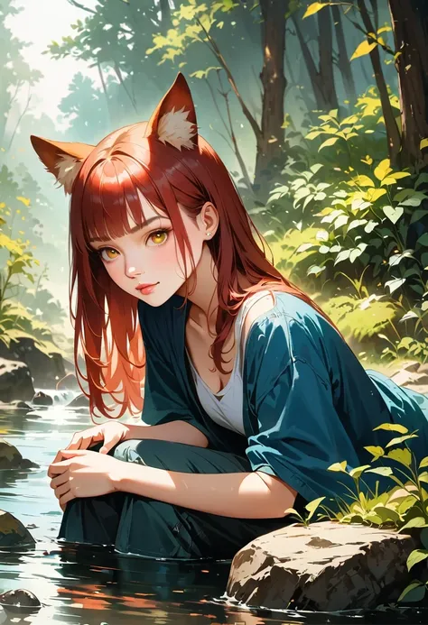 8k, best quality, (lifelike:1.4), original photo, 1 girl, red hair, animal ears, blue hooded cloak, ears sticking out, posture: ...