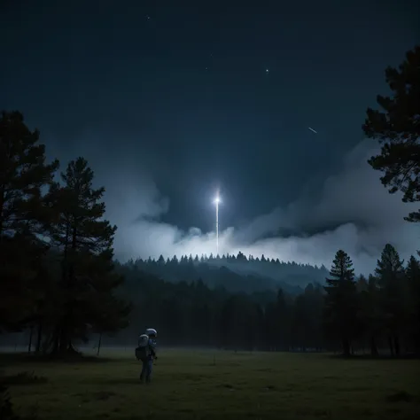 Un astronauta en un bosque lluvioso con niebla 