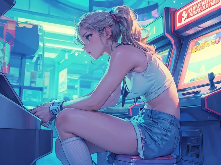 (best quality, ultra-detailed, 8k, uhd:1.2), a woman playing video game at the arcade, wearing flashdance fashion, circa 1985