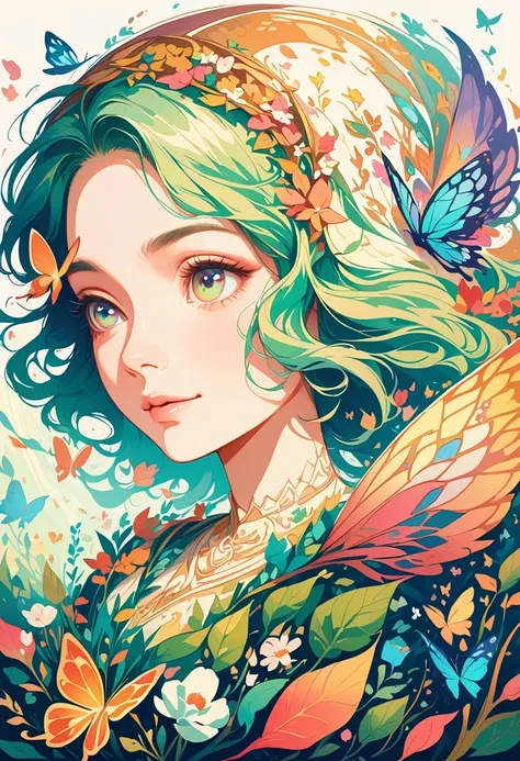 flat illustration，butterfly head girl, surrounded by colorful gardens, soft and soothing colors, vibrant flowers, butterflies fl...