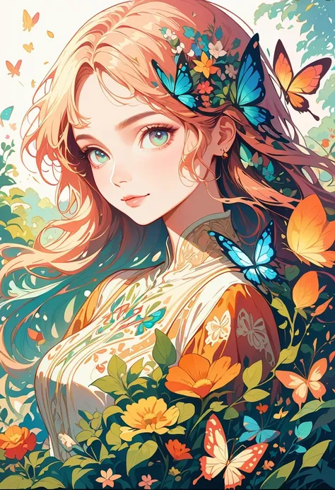 flat illustration，butterfly head girl, surrounded by colorful gardens, soft and soothing colors, vibrant flowers, butterflies fl...