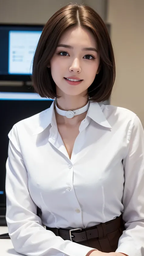 highest quality, masterpiece, 8k, ultra high resolution, (realistic: 1.4), 1 girl, beautiful face, symmetrical eyes, big, perfect body proportions, ((short bob))、((brown hair)), Office Lady、((business suit、white shirt with collar:1.4)), ((sit and operate a...