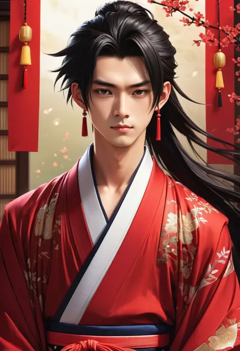 high resolution, sharp focus, Pixiv masterpiece, ((intricate details)), Very detailed, Yasuri_Qixiang, 1 boy, male, striped bead necklace, black hair, (spiky hair:1.1), ponytail, Very long hair, red clothes, red open clothes, simple kimono, besides 