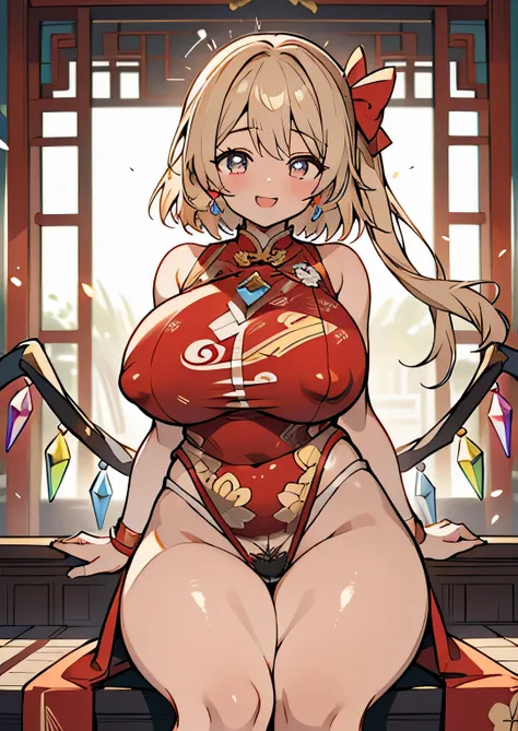 Erotic Anime Illustration、High resolution、A plump dark-skinned lady shows off her crotch in a Chinese-style palace.、intricately patterned cheongsam、beautiful eyes、blush and laugh、lovelive、Flandre Scarlet、Overwhelming huge breasts that go beyond common sens...