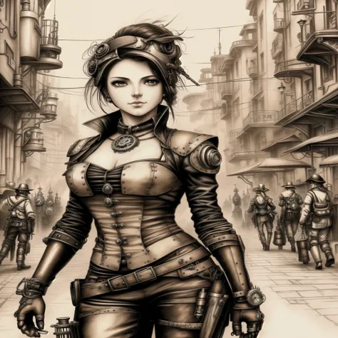 un dibujo de una mujer con un traje steam punk caminando por una calle, high quality arte steampunk, digital arte steampunk, arte steampunk, chica steampunk, ciberpunk, arte digital steampunk, steampunk hermosa anime mujer, In a dystopian steampunk city, d...