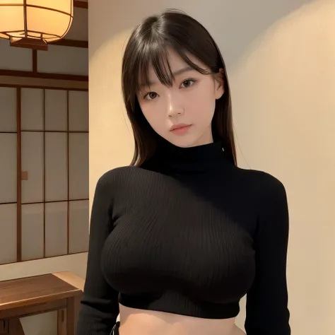 High resolution、High level image quality、high detail、masterpiece、realistic skin,、rough skin、(anatomically correct)、1 person、((black knit_high neck)))、((sticking out chest))、((Japanese 27 year old woman with big breasts))、((whole body_from head to foot))、Th...