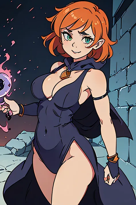 (((masterpiece))), (((best quality))), illustration, single character, game character, rpg character, female character, female necromancer, dark blue dress with golden details, leather bracers. huge cleavage, gemmed necklace. side butt. wide hips. up turne...