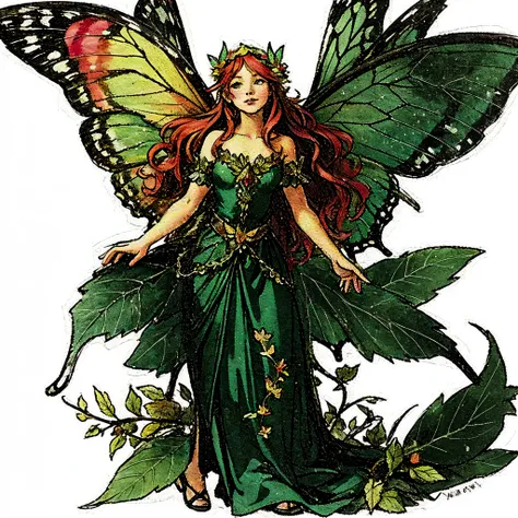 White background, the fairy stands under the leaves, with butterfly wings, Molly Harrison style, character design, whole body::3 fairy tale, Wearing a wreath on the head, red long hair, and colorful butterfly wings, Hand Drawing