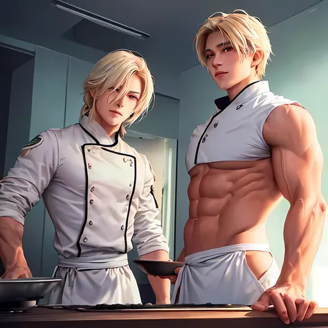 (masterpiece), best quality, expressive eyes, perfect eyes, shiny skin, perfect face, anime male, realistic anine, muscles, chef, white chef jacket, neck tattoos, medium length blonde hair up in a bun, dark and light green eyes, realistic anime, mature mal...