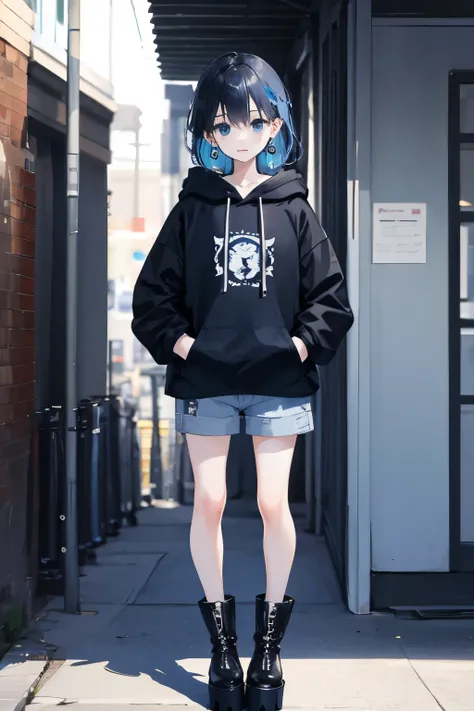 cute、Black hair with light blue tips、Fashionable、I put my hands in my pockets、
3✕3の目、blue eyes、earrings、black hoodie、shorts、platform boots、