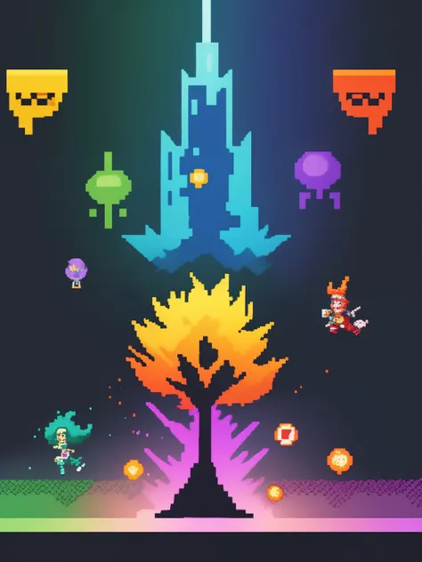 A retro game filled with vibrant pixelated characters, pixel art illustrations featuring nostalgic 8-bit sprites and intricate backgrounds,[best quality,4k,8k,highres,masterpiece:1.2],ultra-detailed gameplay, vibrant colors, with a bright and vivid color p...