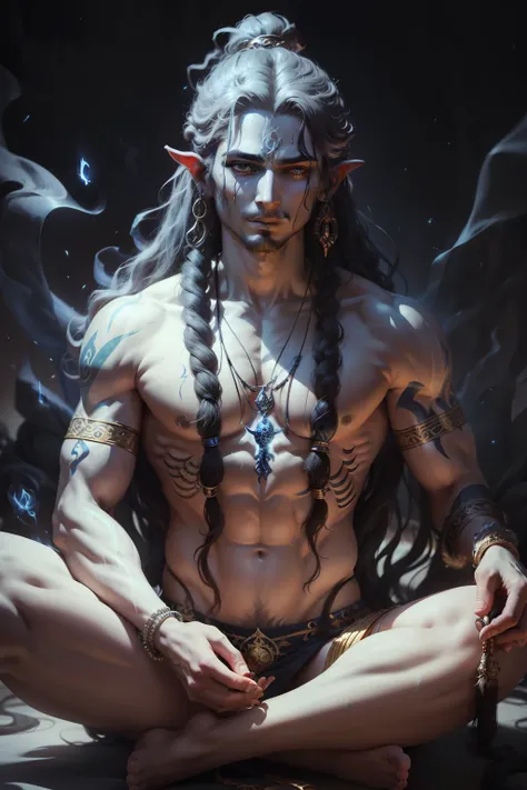 Lord Shiva, the divine ascetic, is depicted with a third eye on his forehead and serene expression. His body is adorned with ashes, symbolizing detachment and renunciation. He holds a trident in one hand, representing creation, destruction, and balance, an...