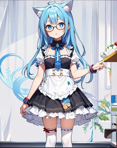 girl blue  hair blue eyes Glasses nekomimi 