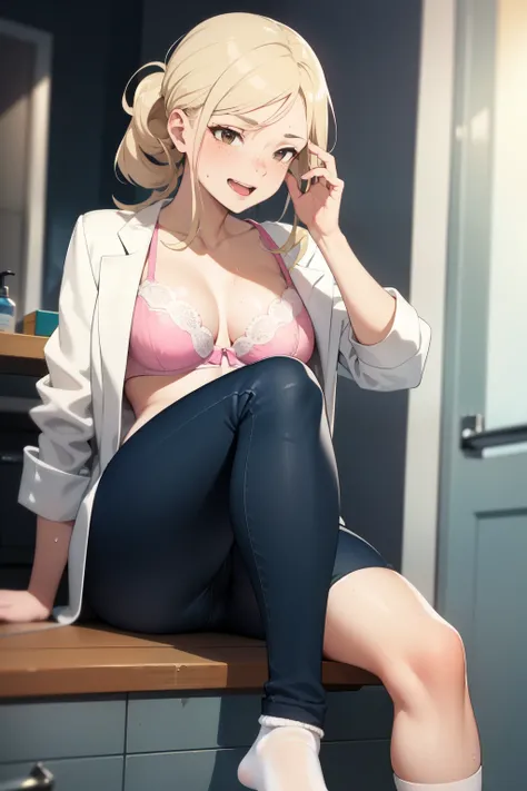 ((best quality)), ((masterpiece)), (detailed), perfect face, platinum blonde woman with brown eyes, in tight jeans and black bra, sweaty, laughing, indoors, sitting in bed, looking down at camera, sweaty socks, feet in dirty white socks, hair tied up in fa...