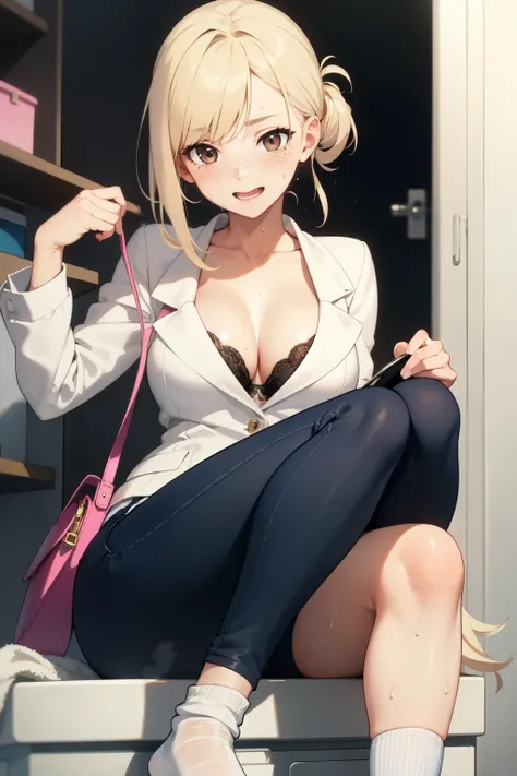 ((best quality)), ((masterpiece)), (detailed), perfect face, platinum blonde woman with brown eyes, in tight jeans and black bra, sweaty, laughing, indoors, sitting in bed, looking down at camera, sweaty socks, feet in dirty white socks, hair tied up in fa...