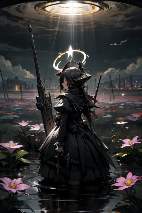 Dark water， Reflectors，，Gothic Lolita skirt，Overhead halo，battlefiled，In the background is a hillock made of skeletons，Inserted cold weapons，Reflection on the surface of the water，The background is grand，Dark clouds shine through the light，Blood flowed fro...