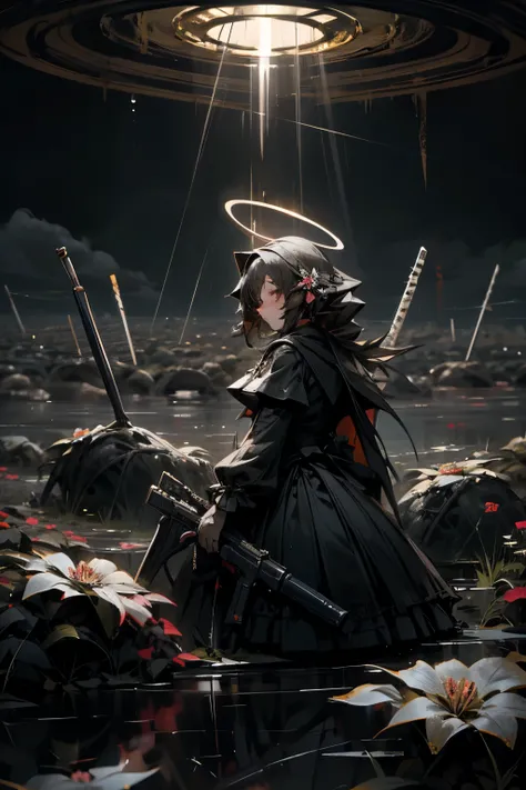 Dark water， Reflectors，，Gothic Lolita skirt，Overhead halo，battlefiled，In the background is a hillock made of skeletons，Inserted cold weapons，Reflection on the surface of the water，The background is grand，Dark clouds shine through the light，Blood flowed fro...