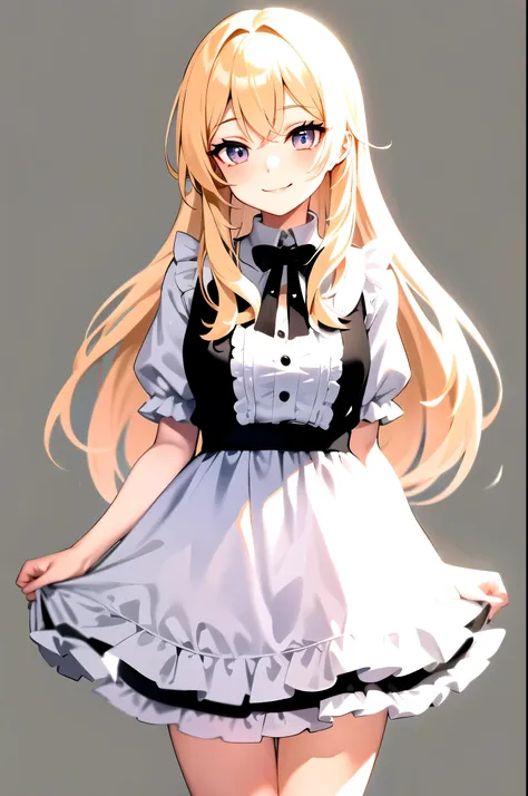 close your mouth,smile, Cafe , blonde , long hair , looking at the viewer, cowboy shot, Are standing, 1 girl, upright , Black and white clothes, frills , No pose , (simple background) , take no pose,blue eyes,long eyelashes,beautiful eyelashes
