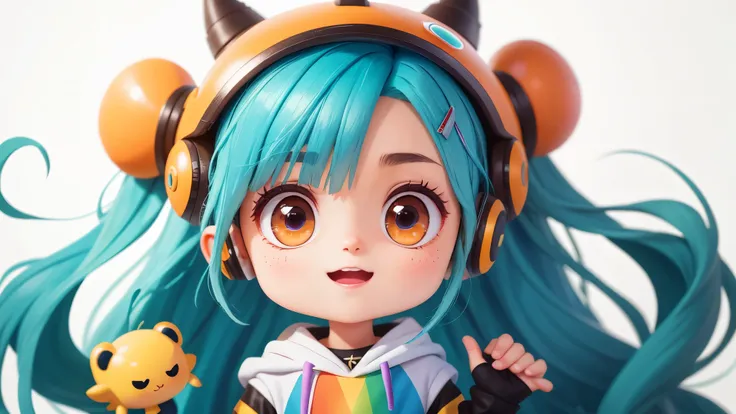  with long blue hair，CHIBI，Trendy style clothes，a rainbow、，The cyberpunk， wearing huge monster helmet，pure white background，with a simple background，（MasterPiece：1.2） （PhotoRealistic：1.2） （bokeh） （best best quality） （detailedskin：1.3） （Complex detail） （8K）...