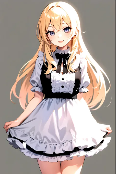 open your mouth,smile, Cafe , blonde , long hair , looking at the viewer, cowboy shot, Are standing, 1 girl, upright , Black and white clothes, frills , No pose , (simple background) , take no pose,blue eyes,long eyelashes,beautiful eyelashes