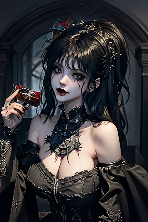 Gothic woman with blood dripping from her mouth beautiful vampire queen, vampire girl, gothic horror vibes, beautiful female vampire queen, Guweiz-style art, dark fantasy mixed with realism, androgynous vampire, goth maiden anime girl, gothic aesthetic, fe...