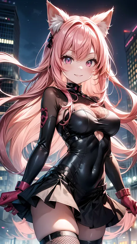 POV: Looking up at character, 1 female, cat girl, (((pale skin))), (((pink colored cat ears))), ((appearance: streaming red hair ribbons, radiant red colored eyes with cat shaped pupils,)), ((hair: long pink hair, straight hair, drills, side bangs, pink ha...