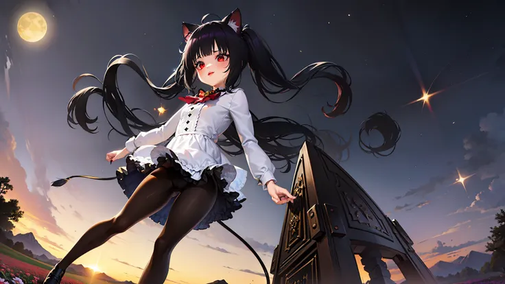 ((Ultra gran angular)),a girl standing in the flower field looking up, collar de gargantilla,,((long hair with pigtails and a black fringe with cat ears, beautiful red eyes)),sudadera con capucha suelta,capucha negra, absurd resolution, ver al espectador, ...