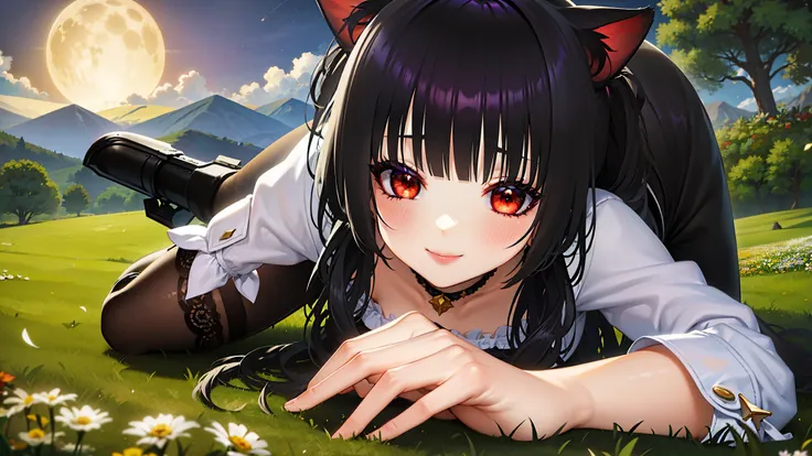 ((Ultra gran angular)),a girl standing in the flower field looking up, collar de gargantilla,,((long hair with pigtails and a black fringe with cat ears, beautiful red eyes)),sudadera con capucha suelta,capucha negra, absurd resolution, ver al espectador, ...