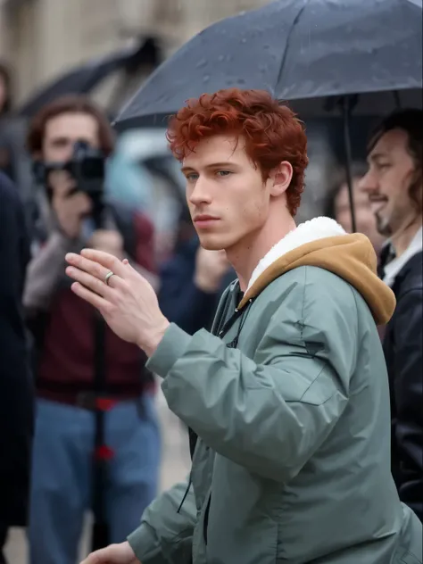 there is a man that is holding an umbrella in the rain, he has short curly red hair, on a cloudy day, stock photo, actor, photo still,, meet the actor behind the scenes, france, on set, mixed art, ginger, Shawn Mendes 