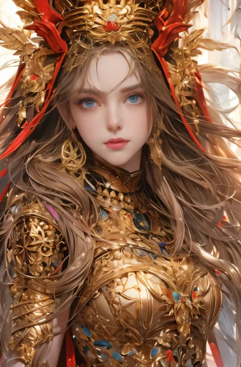 Gold and red tones、fantasy、Ancient mythology、ancient mesopotamia、hour of dusk、Mysterious、solemnity、majestic、highest quality, masterpiece、Ishtar, goddess of war、majestic hall々, battlefield commander、Guardian of Babylon、increase fighting spirit、fiery red lon...