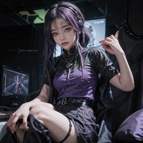 A girl with purple hair, wearing a colorful outfit and cosplay costume, stands in a dynamic pose. She has a playful expression on her face as she enjoys playing video games. The girl is a gamer, immersed in her virtual world, holding a console controller i...