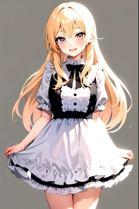 open your mouth and laugh , blush ,Cafe , blonde , long hair , looking at the viewer, cowboy shot, Are standing, 1 girl, upright , Black and white clothes, frills , No pose , (simple background) , take no pose ,blue eyes, long eyelashes , beautiful eyela...