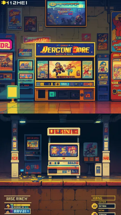 retro game, 8-bit graphics, classic pixel art, vintage video game vibes, HDR color palette, nostalgic soundtrack, old-school arcade joystick, arcade cabinet, animated pixel characters, game over screen with pixelated text, high score leaderboard, platforme...