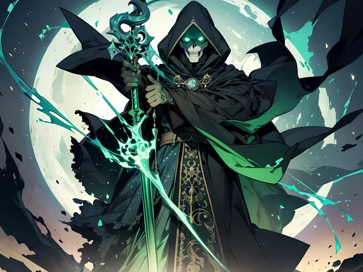 Skull man, wizard, wizard holding a large shining staff with a black cloak with magical energy exuding in green color;