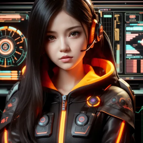 a close up of a woman with a futuristic headphone in front of a computer screen, digital cyberpunk anime art, cyberpunk anime girl in hoodie, cyberpunk anime girl, digital cyberpunk - anime art, dreamy cyberpunk girl, female cyberpunk anime girl, cyber sty...