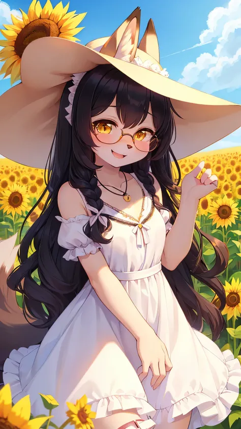 best quality,best resolution,(fluffy anthro furry :1.3),fox girl,yellow eyes,sparkle eyes,small breasts,black long hair,curly hair,glasses,heart necklace,cute white dress with ribbon on back,ruffles,mini sunny day hat with white ribbon,sunflower field,look...