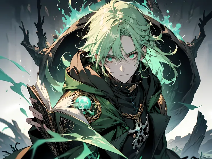 fantasy, male, solo, (full body:0.6), looking up, detailed background, detailed face, (BoneyardAI, bone theme:1.1) poison-sorcerer, hooded mage clothes, dynamic pose, glowing eyes, bright green color scheme, green clothes, green spell, pale complexion, dro...