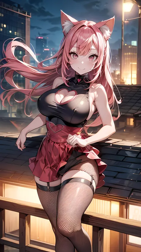 POV: Looking up at character, 1 female, cat girl, (((pale skin))), (((pink colored cat ears))), ((appearance: streaming red hair ribbons, radiant red colored eyes with cat shaped pupils,)), ((hair: long pink hair, straight hair, drills, side bangs, pink ha...