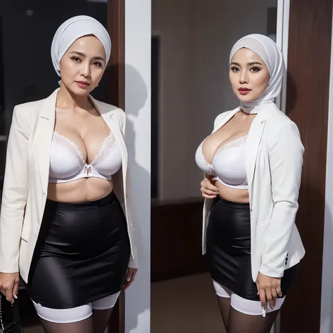 56 years Old, (Sugar Granny), (Sensual Lips), (White Skin), beautiful Hijab Indonesian mature woman, (Big  : 1.3), (Blazer, Sport Bra, stockings pants, Pencil Skirt), curvy body, (Breast about To burst out from her clothes), at doctor office, Dark light, a...