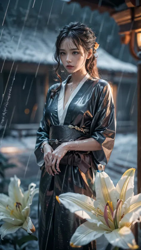 (RAW shooting, Photoreal:1.5, 8K, highest quality, masterpiece, ultra high resolution), (((heavy snow))), perfect dynamic composition:1.2, (In front of a shrine at night in a modern city, expression of sadness:0.9, Tears are flowing:0.9, cry with a broken ...