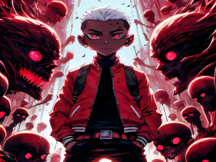 anime - style illustration of a boy in a red jacket surrounded by red and black zombies, badass anime 8 k, anime style 4 k, anime art wallpaper 8 k, anime art wallpaper 4 k, anime art wallpaper 4k, 4 k manga wallpaper, epic anime style, anime wallpaper 4 k...