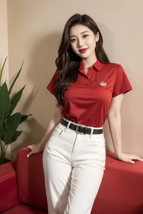 Draw lips correctly, red lipstick, from chest up, best quality, Super detailed, lifelike, Super fine skin, perfect anatomy, (1 日本Mature的女人), (alone)，Wear a red shirt，short sleeves，white jeans、trousers，black belt，wavy long hair，37-year-old female，Mature，cha...