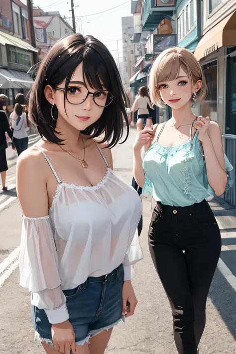 (highest quality、High resolution、detailed background、8K)、Beautiful and dense face、beautiful and smooth skin、skin texture、professional lighting、Beautiful girl in her 20s、(two women:1.5)、brown hair、bob cut、braided ponytail、Glasses、(huge breasts:1.3)、(realist...