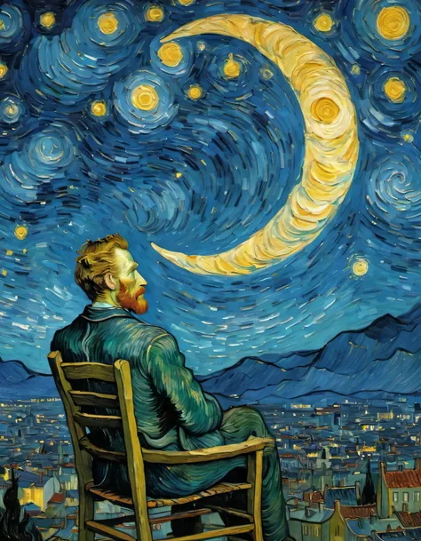 Vincent van Gogh sits on the crescent moon in the sky looking at the starry night