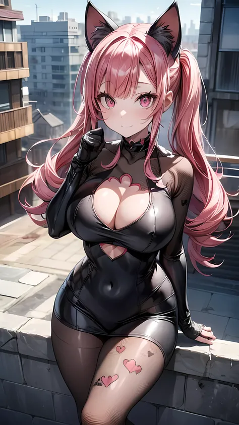 POV: Looking up at character, 1 female, cat girl, (((pale skin))), (((pink colored cat ears))), ((appearance: streaming red hair ribbons, radiant red colored eyes with cat shaped pupils,)), ((hair: long pink hair, straight hair, drills, side bangs, pink ha...